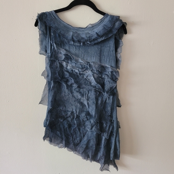 Made In Italy Silk Asymetrical Layered‎ Top One Size Washed Denim - Picture 6 of 9